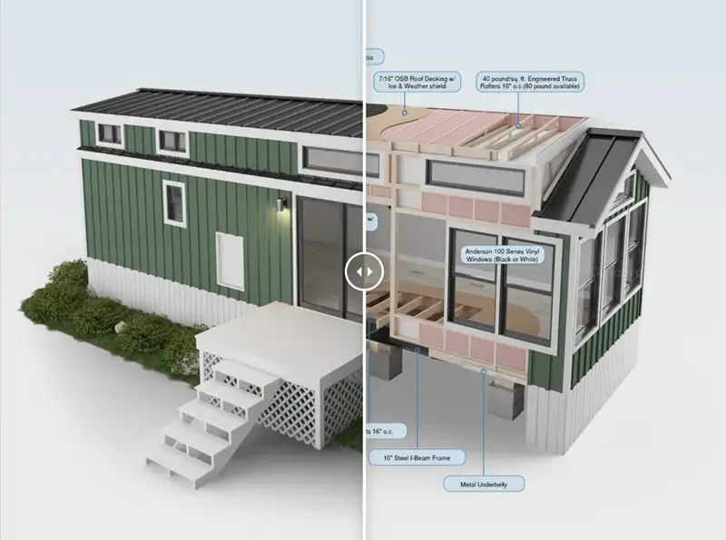 Before and after of a cutaway park model RV.